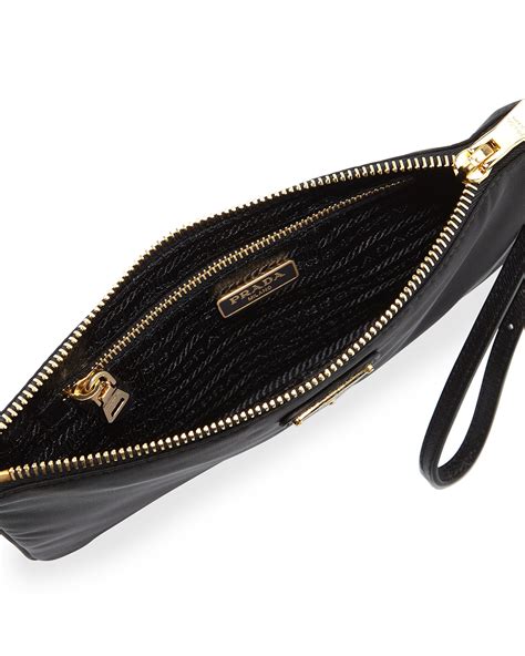 prada 0afaux fur-trimmed nylon wristlet pouch